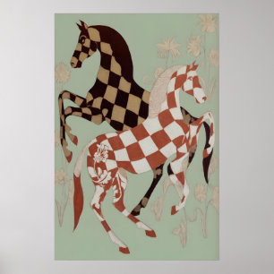 Schachbrett-Pferd-Kunstprint - Vintage-Floral und Poster