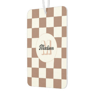 Schachbrett Quadrate Mocha-braunes Retro Monogramm Autolufterfrischer