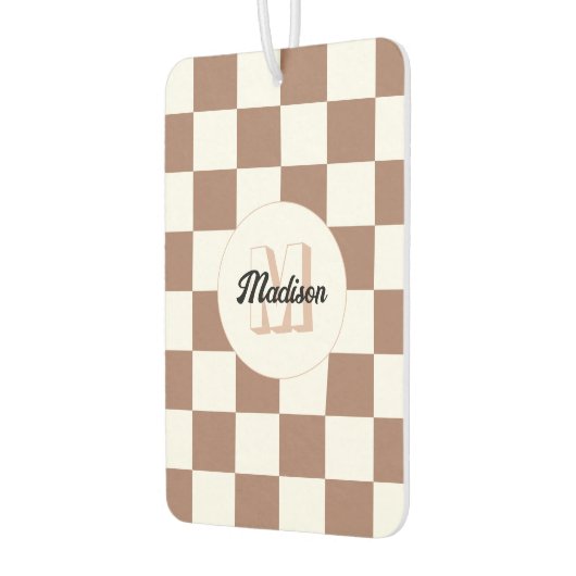 Schachbrett Quadrate Mocha-braunes Retro Monogramm Autolufterfrischer (Links)