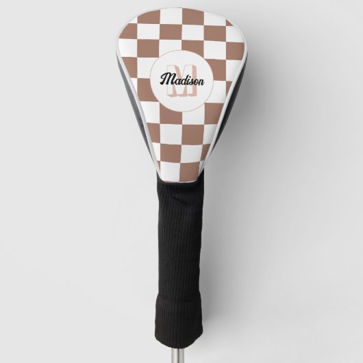 Schachbrett Quadrate Mocha-braunes Retro Monogramm Golf Headcover (Vorderseite)