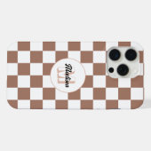 Schachbrett Quadrate Mocha-braunes Retro Monogramm iPhone Hülle (Rückseite (Horizontal))