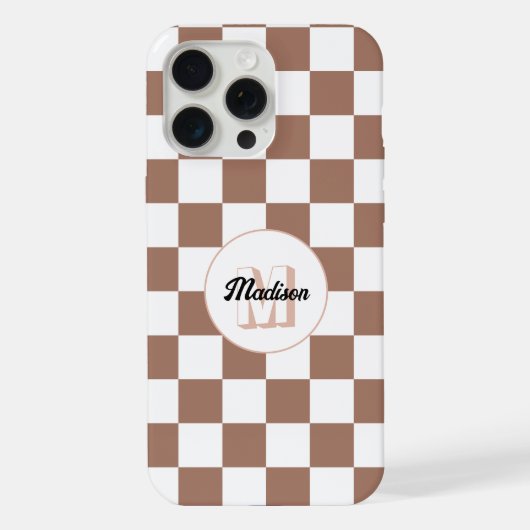 Schachbrett Quadrate Mocha-braunes Retro Monogramm iPhone Hülle (Rückseite)