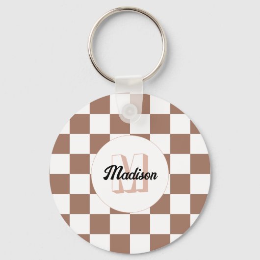 Schachbrett Quadrate Mocha-braunes Retro Monogramm Schlüsselanhänger (Vorderseite)