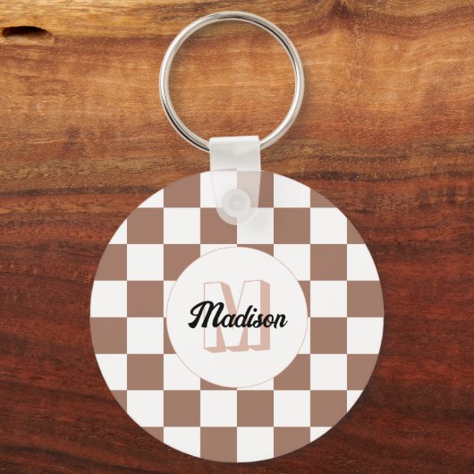 Schachbrett Quadrate Mocha-braunes Retro Monogramm Schlüsselanhänger (Rückseite)