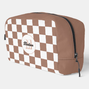 Schachbrett Quadrate Mocha-braunes Retro Monogramm Waschbeutel