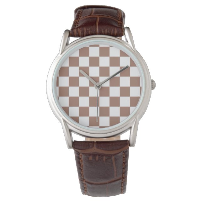Schachbrett Quadrate mocha braunes, weißes geometr Armbanduhr (Vorderseite)