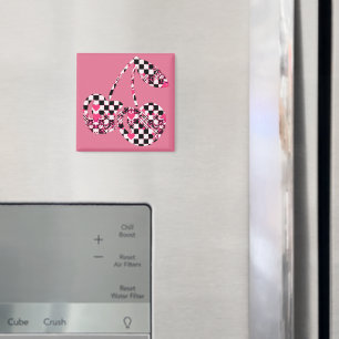 Schachbrett & rosa Herzen gemusterte Kirschen groß Magnet