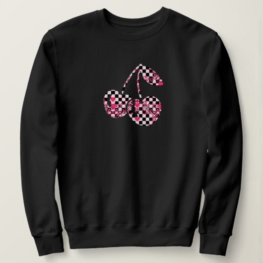 Schachbrett & rosa Herzen gemusterte Kirschen Sweatshirt (Design vorne)