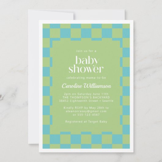 Schachbrett Schachbrettblauer grüner Babydusche Einladung (Vorderseite)