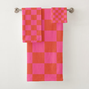 Schachbrett-Schachmuster in Rosa und Orange Badhandtuch Set