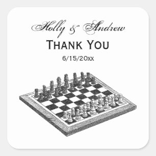 Schachbrett und Schachfiguren Vintage Kunst Quadratischer Aufkleber