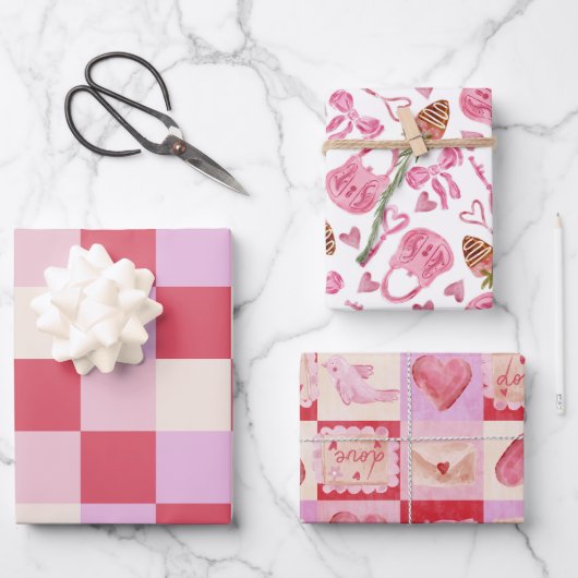 Schachbrett Valentin kariert rosa Creme Preppy Geschenkpapier Set (Vorderseite)