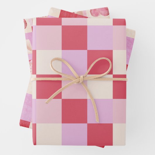 Schachbrett Valentin kariert rosa Creme Preppy Geschenkpapier Set (Beispiel)