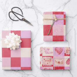 Schachbrett Valentin kariert rosa Creme Preppy Geschenkpapier Set