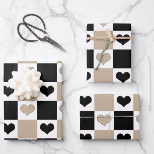 Schachbrettherzen in Taupe, Schwarz und Weiß Geschenkpapier Set