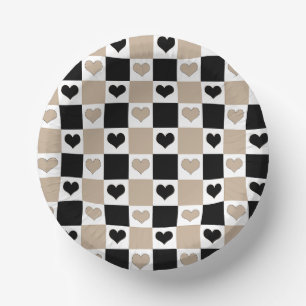 Schachbrettherzen in Taupe, Schwarz und Weiß Pappteller