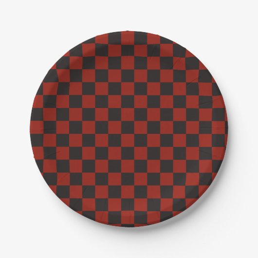 Schachbrettmuster in Schwarz und Tiefrot Pappteller (Vorderseite)