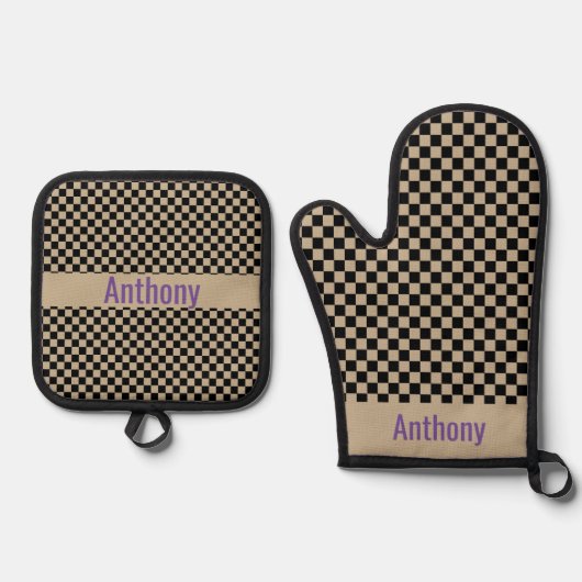 Schachbrettmuster - Name Ofen Mitt & Topf Ofenhandschuh & Topflappen-Set (Vorderseite)