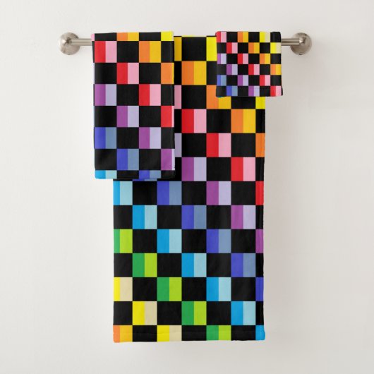 Schachbrettmuster-Rainbow-Schwarz Badhandtuch Set (Insitu)