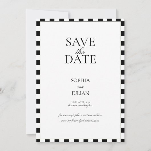 Schachbrettmuster-Rand Modern Schwarz-Weiß Save The Date (Vorderseite)