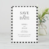 Schachbrettmuster-Rand Modern Schwarz-Weiß Save The Date (Stehend Vorderseite)
