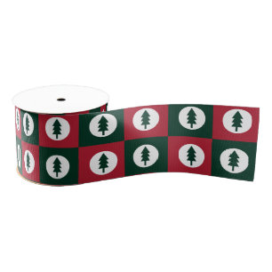 Schachbrettmuster rote und grüne Weihnachtsbäume Ripsband