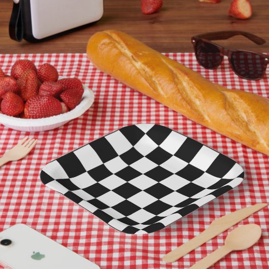 Schachbrettmuster Schwarz-Weiß Pappteller (Picknick)