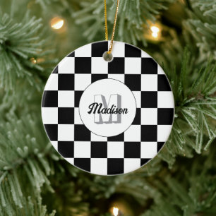 Schachbrettquadrate schwarz-weiß Retro-Monogramm Keramik Ornament