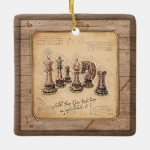 Schachfiguren auf Grunge-Holzbrett-Geschenk Keramikornament