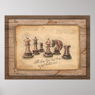 Schachfiguren auf Grunge-Holzbrett-Geschenk Poster