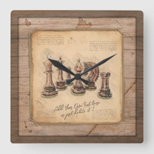 Schachfiguren auf Grunge-Holzbrett-Geschenk Quadratische Wanduhr