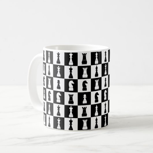Schachfiguren Schwarz-Weiß-Muster Kaffeetasse (Vorderseite Links)