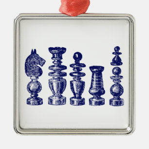 Schachfiguren Vintage Kunst Blau Ornament Aus Metall