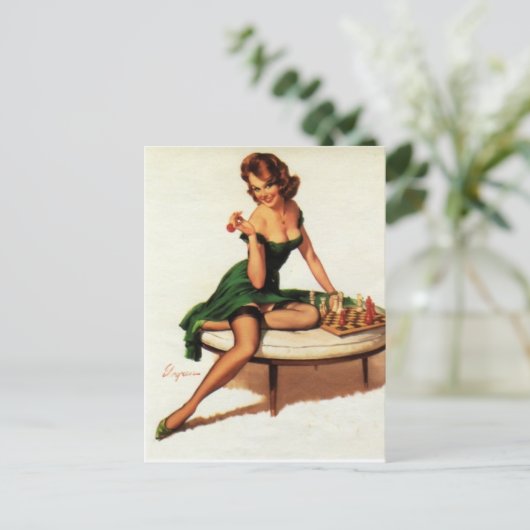 Schachmädchen-Button auf Postkarte (Stehend Vorderseite)