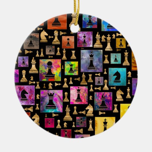 Schachmuster - Farbe und Gold Keramik Ornament (Vorne)