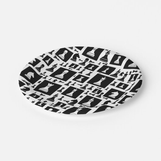 Schachmuster - Schwarz-Weiß Pappteller (Schrägansicht)
