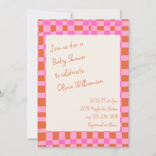 Schachrosa Orange Script Niedlich Baby Dusche Einladung (Vorderseite)