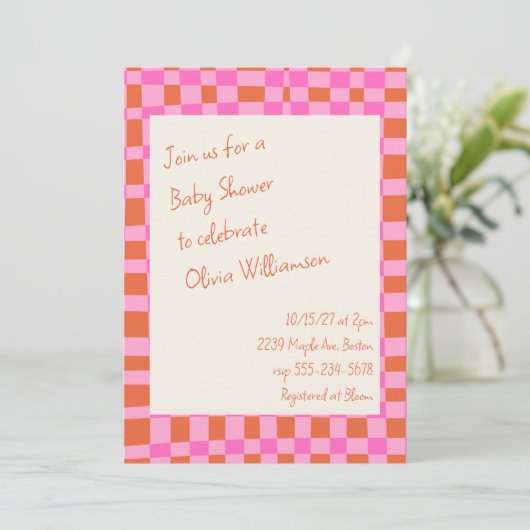 Schachrosa Orange Script Niedlich Baby Dusche Einladung (Stehend Vorderseite)