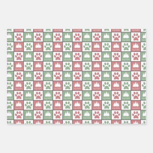 Schachroter und grüner Pfotenprint Weihnachtsbaum Geschenkpapier Set (Vorderseite 3)