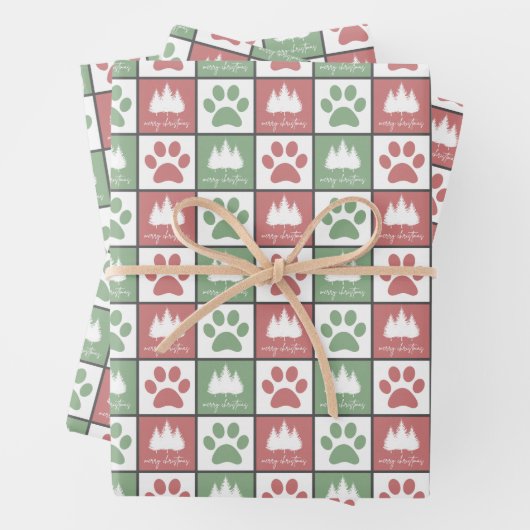 Schachroter und grüner Pfotenprint Weihnachtsbaum Geschenkpapier Set (Beispiel)
