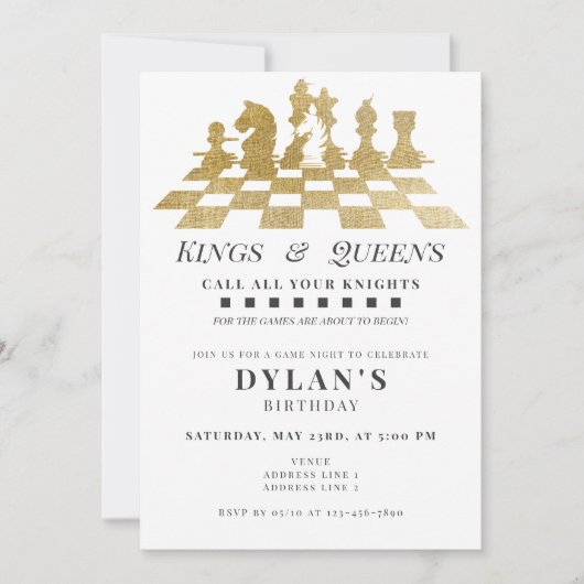 Schachspiel Nacht Rufen Sie Ihre Ritter Gold Gebur Einladung (Vorderseite)