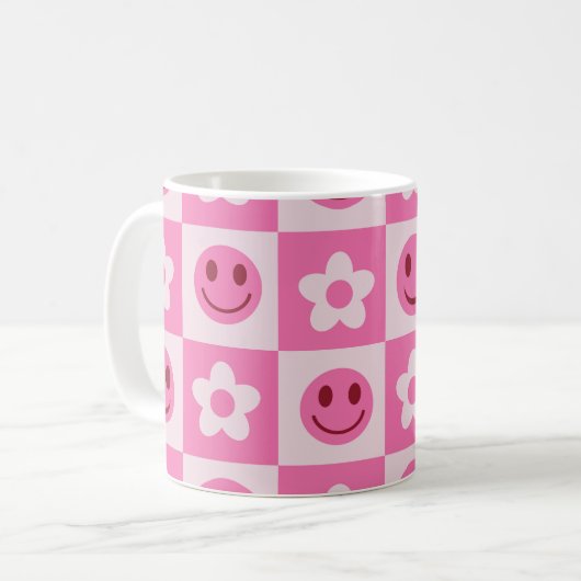 Schachte Blume und glückliche Gesichter rosa Kaffeetasse (Vorderseite Links)