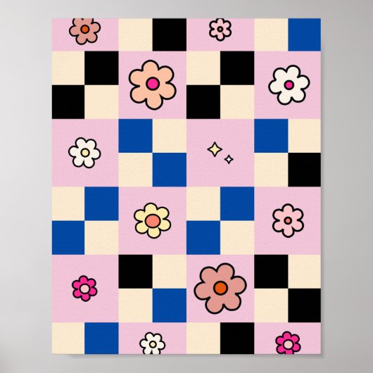 Schachtel Blume Farbige Karo Muster Rosa Blau Poster (Vorne)