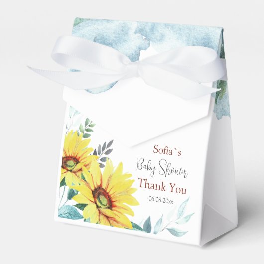 Schachtel für Babydusche mit Sonnenblumen. Geschenkschachtel (Vorderseite)