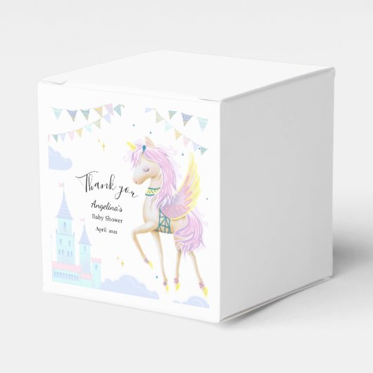 Schachtel für eine Babydusche mit Einhorn. Geschenkschachtel (Vorderseite)