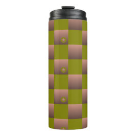 Schachtelmuster in braun und olivgrün thermosbecher