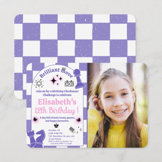 Schachturnier Geburtstagsparty für Mädchen Foto 3 Einladung (Vorne/Hinten)