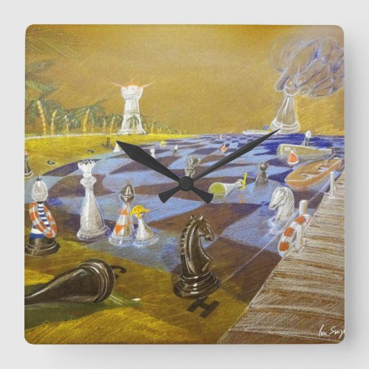 Schachzeit Quadratische Wanduhr (Vorderseite)