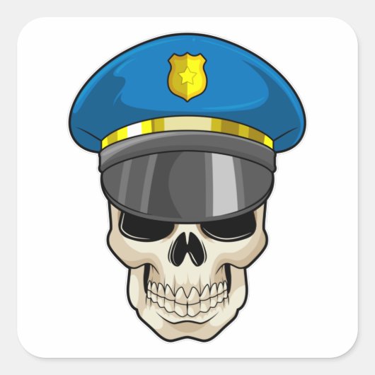 Schädel als Polizeibeamter mit Polizeihut Quadratischer Aufkleber (Vorderseite)