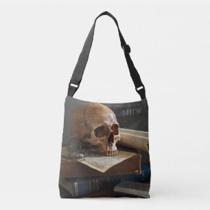 Schädel auf Büchern mit individuellen Monogramm-Ta Tragetaschen Mit Langen Trägern